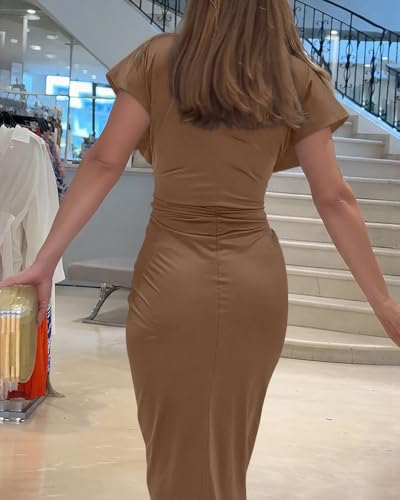 Image of CHICME Summer Dresses for Women Floral Print Plunge V Neck Midi Dress Casual Ruched Slit Bodycon Party Dress