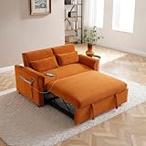 55" Convertible Futon Sofa Bed, Velvet 3 in 1 Sleeper Sofa Bed, Pull Out Couch with USB Ports & 2 Waist Pillows, Adjustable Backrest Loveseat Sofa, Small Couches for Living Room, Apartment, Orange