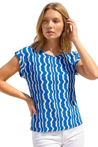 Image of Roman Originals T-Shirt for Women UK - Ladies Tee Shirt Summer Top Holiday Day Causal Short Sleeve Blouses Round Crew Boat Neck Lightweight - Abstract Wave Blue - Size 12