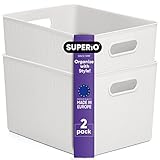 Decorative Plastic Storage Bins Organizer Baskets, X-Large White (2 Pack) Container Boxes for...
