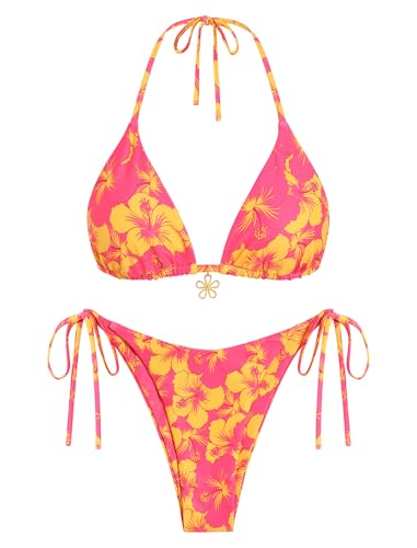 Image of ZAFUL Womens Printed Triangle Bikinis 2 Piece Halter Bikini Sets High Cut Bathing Suit Side Tie Swimsuits