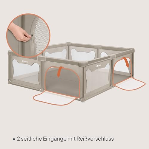 LIONELO WILLOW XL Laufgitter Baby, ab 0-48 Monaten große Fläche 187 cm x 207 cm x 68 cm, Laufgitter Baby mit Seitenwände aus atmungsaktiven Netzstoff, 2 Seitliche Eingänge mit einem Reißverschluss
