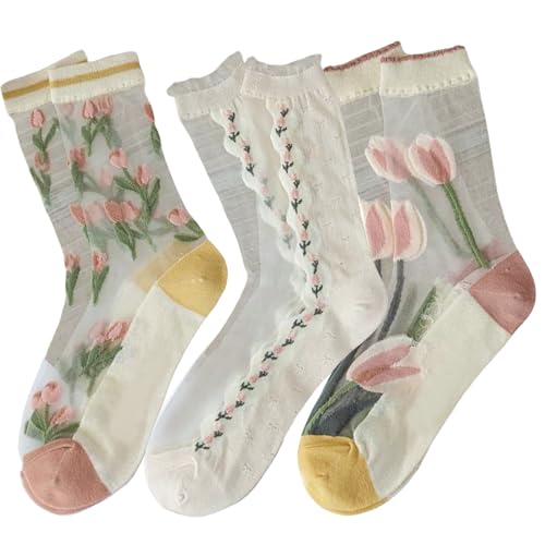 Image of Starella Womens Summer Sheer Socks Mesh Cute Floral Dress Sock Transparent Nylon See Through Stockings 3 Pairs