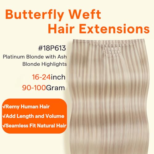 Image of Full Shine Butterfly Weft Hair Extensions Human Hair 24 Inch 100G 5Pcs | Ash Blonde Highlight Bleach Blonde, Breathable OVO Weft, Seamless Micro Beads, Invisible Pu Holes, Daily Wear Solution