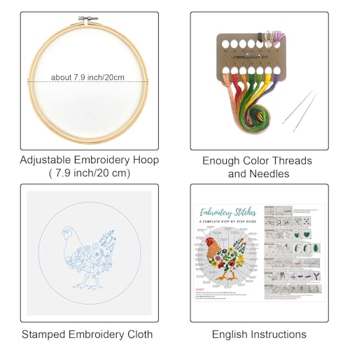 Image of Louise Maelys Hen Embroidery Kit for Beginners Farmhouse DIY Craft | Cross Stitch Kits Include Pre-Printed Fabric, Embroidery Hoop, Threads, Needles and Guide. Needlepoint Kit for Adults