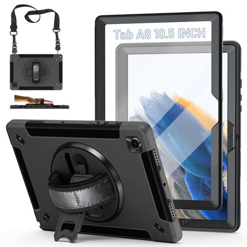 Samsung Galaxy Tab A8 10.5 Case 2022: Heavy Duty Rugged Shockproof TPU Protective Cover w/ Stand+ Pencil Holder+ Handle+ Shoulder Strap for Tablet A8(SM-X200/ SM-X205/ SM-X207)-Black