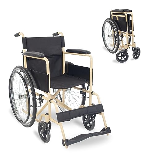 Mobiclinic®, Silla de ruedas plegable, Denver, Marca Española, Asiento 46 cm, Freno manual, Respaldo desmontable, Reposapiés abatibles, Resistente, Silla de ruedas para minusválido, Crema y Negro