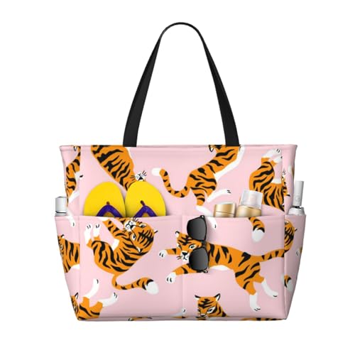 Sac à bandoulière pour femme grand sac de plage fourre-tout tigres cirque rose