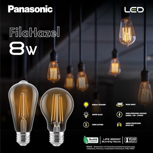 Image of Panasonic Filahazel 8W ST64 LED Filament Bulb | Vintage Tinted Glass Decorative Bulb | Warm White 2700K | E27 Base | In-Built Surge Protection | For Home & Office Decoration