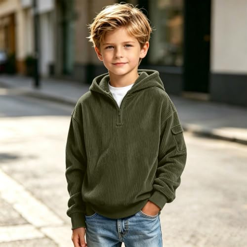 Boys Corduroy Knit Quarter Zip Hoodie Sweatshirts Long Sleeve Pullover Top - image 7