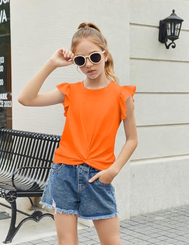 Image of Arshiner Girls Shirt - Short-Sleeve Twist Front T-Shirt for Girls with Cute Flying Sleeves - Summer Blouse Tunic Tee Tops