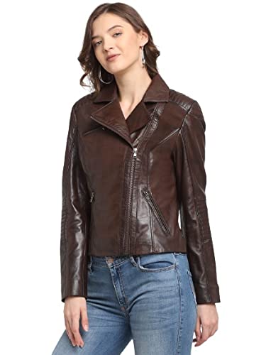 Teakwood Genuine Leather Soild Stylish Casual Biker Jacket for Wo...