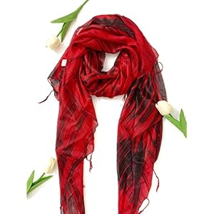 Mulberry Silk Scarf Wavy Elegant Minimalist Summer Scarf Lightweight Wrap Hijab Versatile Shawl Dress Cover Hair Accessories Neckerchief Infinity (Black & Red)