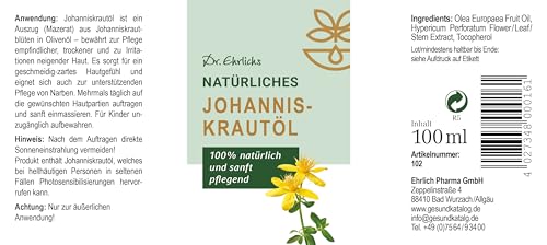 Dr. Ehrlichs Gesundkatalog Johanniskrautöl - Naturreines Pflege-Öl für Wunden und Narben - natürliches Hautpflege-Öl - Hautöl - Rotöl - 100 ml
