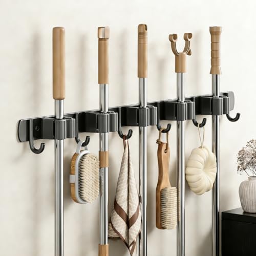 Mop Broom Holder Wall Mount Stainless Steel Tool Hanger 5 Slots & 6 Hooks Self-Adhesive Tool Organizer Heavy Duty Rack No Drill Saving Space for Home Bathroom Laundry Kitchen Garage Garden Offices