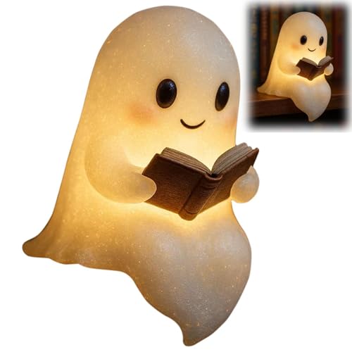 Cute Ghost Reading Book Lamp, Halloween Ghost Night Light, Ghost Reading Night Lights, 3D LED Night Light Halloween, Light Up Halloween Decor, for Bedroom Study Room, Readers (6 Inch)