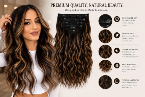 Image of Salon-Grade Clip-in Hair Extensions for Women, Imported Synthetic Hair, 6 PCS with 13 Secure Clips, Instant Volume, Natural Blend, Reusable Hair Volumizer (Brown with Golden Highlights, Curly /Wavy)