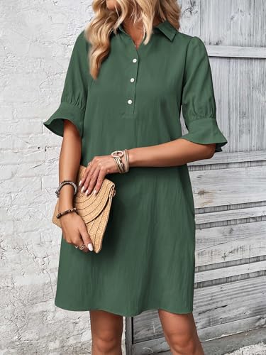 Image of FENSACE Womens Casual Shirt Dress Ruffle Sleeve Button Down Shift Summer Dresses with Pockets