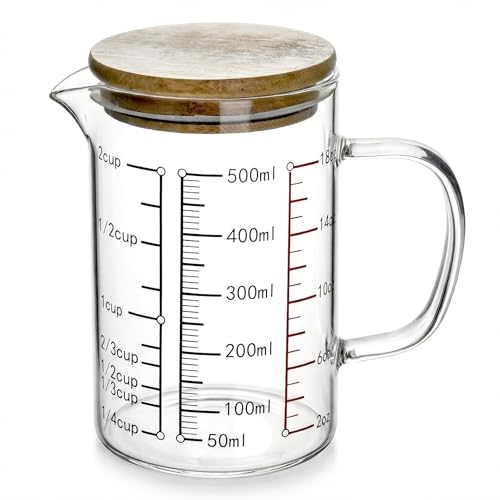 QWORK 500ml Borosilikatglas Messbecher mit Bambusdeckel Mehrfachskalierung Messbecher Hitze- und Kältebeständig Mikrowellengeeignet zum Backen