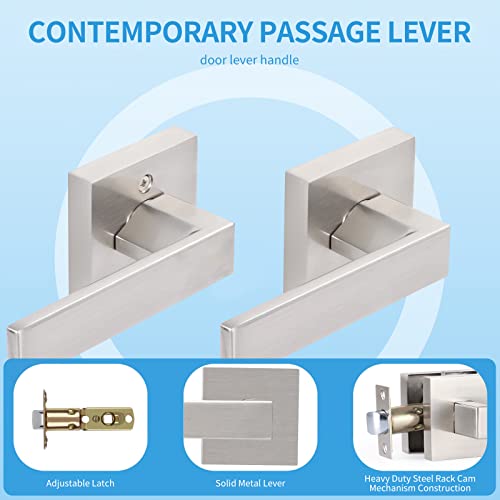 E-Home Hardware Contractor Pack Of 10 Passage Door Handles Sets, Interior Door Knobs For Hallway/Closets Doors, Pantry/Storerooms, Durable Satin Nickel Finish Heavy Duty Square Door Handles Set #TOP5