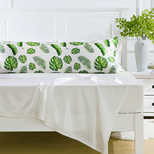 Image of MR&HM Satin Body Pillow Cover, Soft and Breathable Body Pillow Case with Envelope Closure, Cooling and Silky Long Pillowcase for Hair and Skin,Grey (20x54, Leaves)