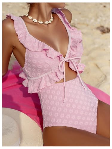 SweatyRocks Women's Cut Out Ruffle Floral One Piece Swimsuit Tie Front Monokini Bathing Suit3
