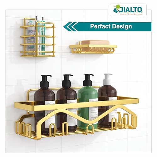 Image of JIALTO 5 in 1 Self-Adhesive Bathroom Organizer Combo - No Drill Wall Mounted Shelf Stand with Metal Racks, Toothbrush Holder, Soap Dish & Storage Tray - Multipurpose Bathroom Accessories (Golden)