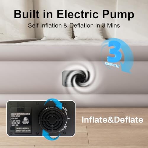 Image of Air mattress with integrated pump, plug-in electric pump, self-inflating air mattress, blown travel bed, comfortable air mattress for home rentals, camping and guests.