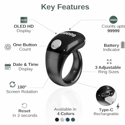 Image of Digital Counter for Chanting Mantra | Naam Jap Counter Ring | Jap Counter Finger with OLED Display (Code S7), Type-C Rechargeable Tally Counter for Mantra,99999 Count, 180 Rotation (Black)