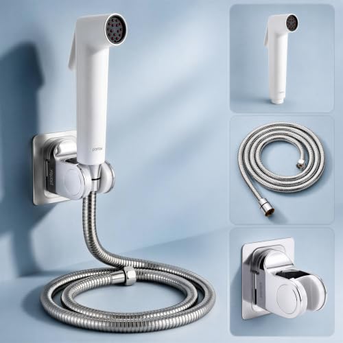 Image of Plantex Health Faucet Set /ABS Jet Spray with 1.2M Stainless Steel Hose Pipe for Toilet /Self Adhesive Hand Shower Holder /No Drilling Wall Mount - (White & Chrome, Combo)