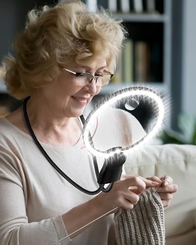 5X 15X Hands Free Magnifying Glass with Light for Reading 3 Color 48 LEDs, Neck Wear Magnifier with Light Hands Free for Reading Books, Crafts, Cross Stitch, Sewing, Close Work, Seniors, Low Vision