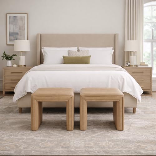 Image of HomePop 19 inch Modern Channel Tufted Ottoman - Sand Faux Leather