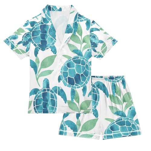 senya Green Turtle with Grass Satin Summer Pajama Sets Silk Short Sleeve Button Down Sleepwear