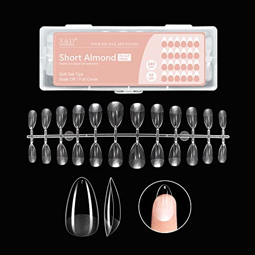 X&D Short Nail Tips Pre-buff PMMA Ultra Thin False Nails, 240pcs Soft Gel Full Cover Fake Almond Nail Tips Soak Off X Gel Nail Extensions in 12 sizes