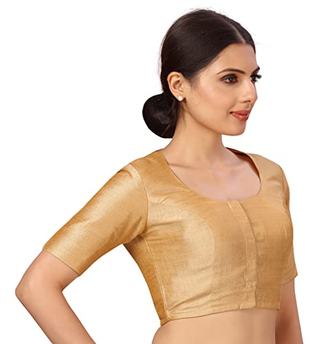 Image of Studio Shringaar Womens Basic Polyester Short Sleeves Textured Plain Coloured Art Silk Saree Blouse