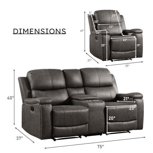 Image of CANMOV Faux Leather Manual Reclining Sofa Set, 2 Manual Single Recliner Chairs and 2 Seat Recliner Loveseat with Center Console, Hidden Storage and Cup Holders for Living Room,Bedroom Furniture,Grey