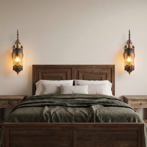 Image of Rustic Wall Sconce with Glass | Vintage Antique Wall Light Fixture E26 Mid Centry Lantern Bedside Sconces Wall for Living Room Bathroom Mirror