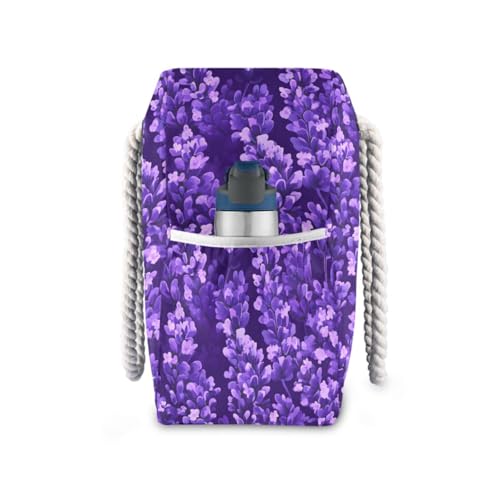 Lavender Flowers on A Purple Beach Bag & Travel Tote Bag Large Sandproof with Zipper Closure, Wet Pouch for Swim Gym Travel, Lightweight Foldable Outdoor Bag3