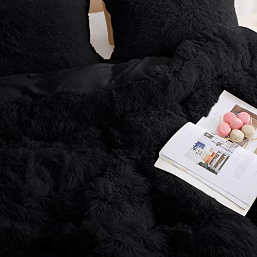 Fluffy Shaggy Full Duvet Cover 3 Pieces, Plush Faux Fur And Velvet Reverse Double Comforter Cover With Zipper Closure & Corner Ties, Warm Fuzzy Duvet Cover Set With 2 Pillow Cases (Black, 82X90) #TOP2