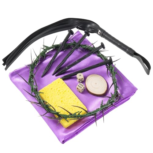 Crown of Thorns Set 11pcs Easter Religious Props Includes Thorn Crown Purple Cloth Crucifixion Nails Whip Dice Wooden Piece Sponge for Good Friday & Easter Decoration Church Play