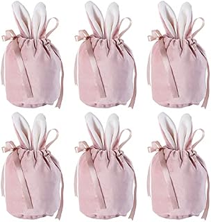 ONNPNN 6 Pieces Easter Bunny Gift Bags Velvet Bags Drawstring Jewellery Pouches Candy Bags Bunny Ear Bags for Wedding Birthday Party Favors Easter Bags Easter Decorations,Pink,16 * 14cm/6.3 * 5.5inch