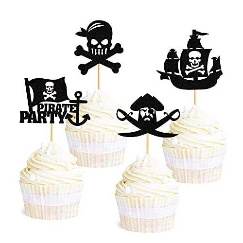Ercadio 24 Pack Pirate Cupcake Toppers Black Glitter Nautical Sailing Cupcake Picks Pirate Theme Baby Shower Kids Birthday Party Cake Decorations Supplies #TOP4
