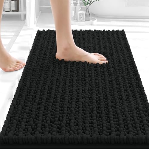Image of OLANLY Bathroom Rug Mat 24x16, Thick Soft and Absorbent Chenille Bath Mat, Non-Slip Rubber Backing, Machine Washable Quick Dry Bath Rugs for Tub Shower Floor, Home Decor Accessories, Black