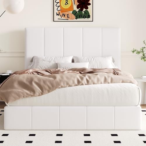Image of Allewie Full Size Velvet Lift Up Hydrualic Storage Bed Frame, White
