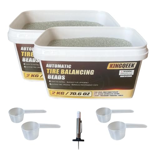 KINGQEEK Tire Balance Beads 4KG(141.2oz) Balancing Beads Tempered Glass Wheel Beads for Balance for Trucks Motorcycles Trailer ATVs Off-Road Vehicles with Tire Tread Depth Gauge | 70.6oz/Bucket