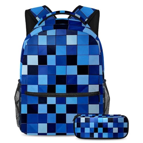 Cartables de grande capacité avec trousse à crayons grand format damier bleu