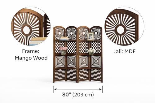 Image of Wooden Room Divider 6 Feet, 4-Panel Folding Wooden Partition for Living Room, Office, Pooja Room, Restaurant, Kitchen & Balcony (2W x 1.82H Meters). (Natural Brown- Shelves)
