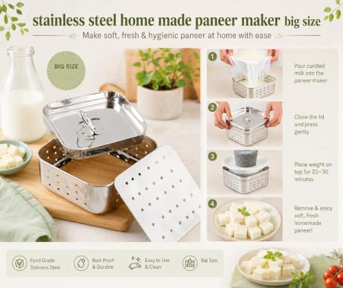 Image of Paneer Maker Steel 500ml | Stainless Steel Paneer Maker Mould Press with Lid | Square Paneer Making Box | Tofu Press Mould Maker | Home Made Steel paneer Making Container for Kitchen Use