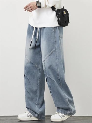 Men's Jeans String Banding Wide Leg Straight Denim Pants Washed Cotton Casual Baggy Jean Trousers2