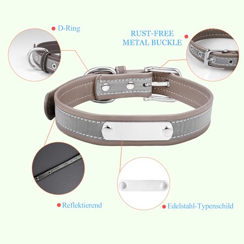 Reflektierend Halsband für Hunde aus Leder Personalisierte Hundehalsband mit Namen Gravur Hellbraun Halsband mit Namenschild für den kleinen Hund, Hundehalsbänder S